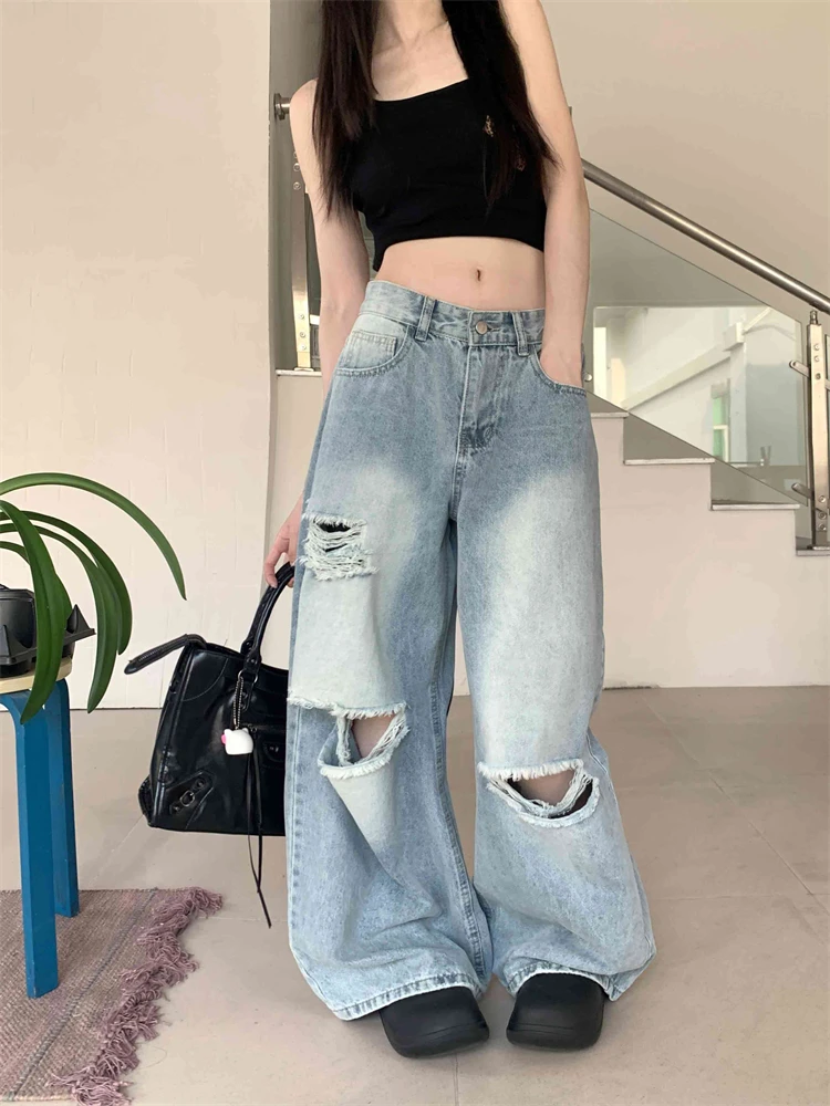 

Summer Women's Baggy Jean Ripped Denim Pants Y2K Japanese Harajuku 2000s Boyfriend Design Wide Fit American Retro Hip-pop Punk