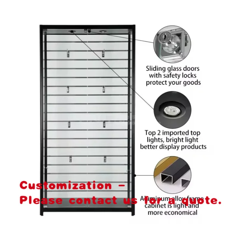 Vitrina de exhibición con panel trasero de lamas de aluminio personalizado, puerta de vidrio y luz LED para accesorios de telefonía