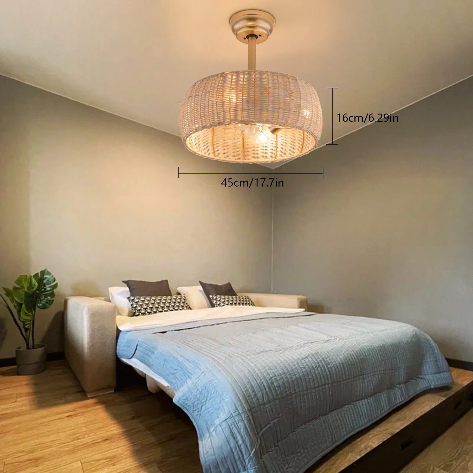 

Boho Ceiling Fan with Light & Remote, Hand Woven Rattan Shade, 6-Speed Quiet Motor, Flush Mount for Bedroom, Living Room​