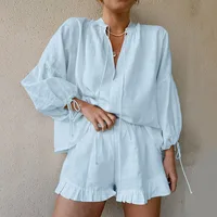 Summer Women's Suit 2-piece Sets For Women Long Puff Sleeves Blouse Loose V-neck Lace Up Summer Outfits Ruffle Shorts Beach Sets - Image 3