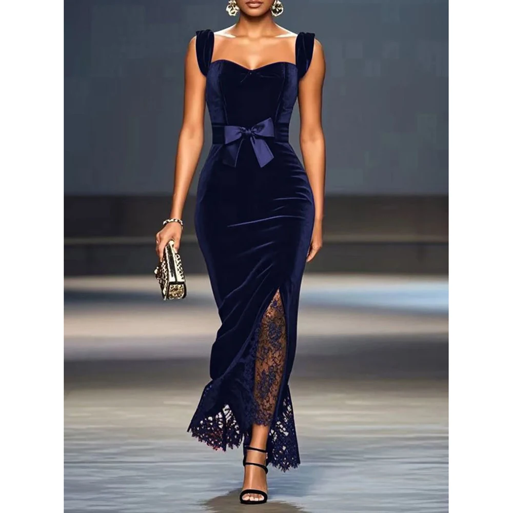 

Customized Sexy Evening Dresses Spaghetti Strap Bow Lace Ankle-Length Straight Slit Prom Dresses Banquet Cocktail Party Dresses