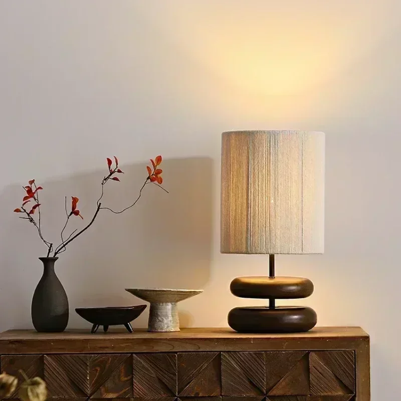 Japanese Wood Table Lamp Rope Weaving Lampshade Walnut Color for Hotel Bedroom Bedside Living Room Decoration Lighting PLUG