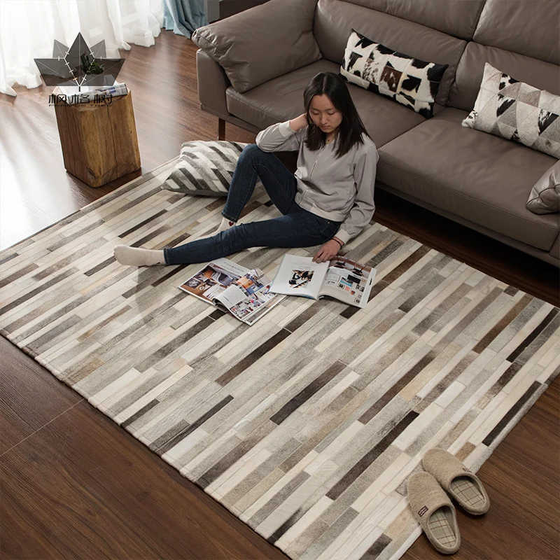 

Striped Patchwork Cowhide Rug Modern Minimalist Geometric Fur Gray Rectangular Custom