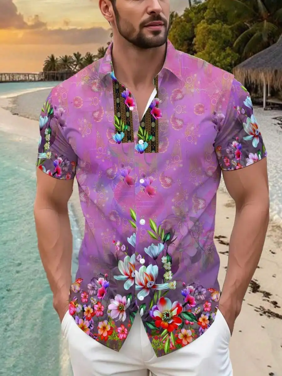

Purple Floral Print Mens Casual Short Sleeve Button Down Hawaiian Shirt