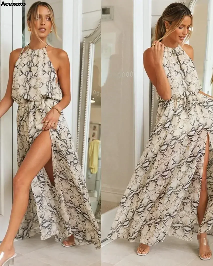 

2023 summer new women's fashion casual print halter strapless sleeveless slit waist dress