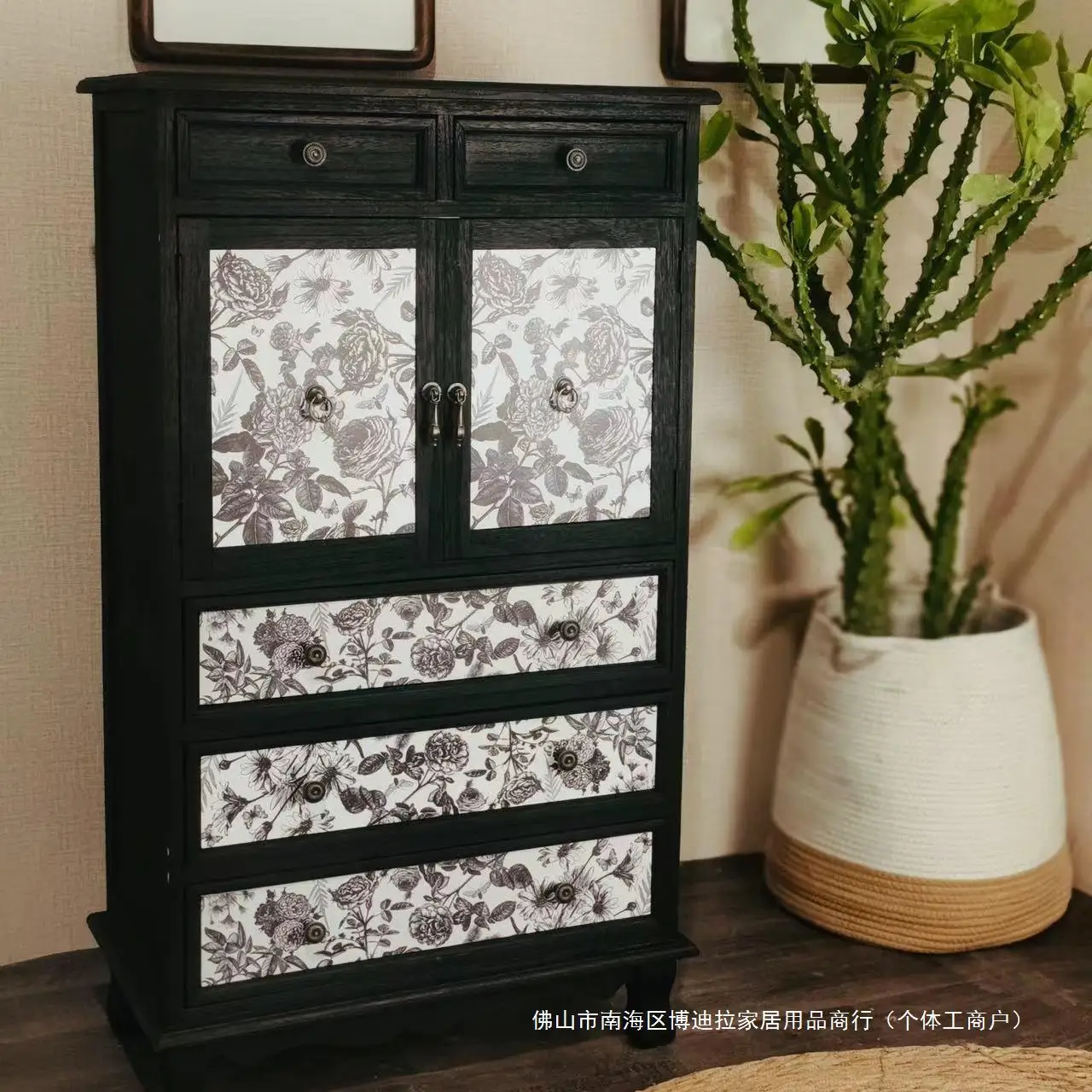 

American solid wood bucket cabinet American entrance cabinet against the wall Black retro painted bucket cabinet Small vertical