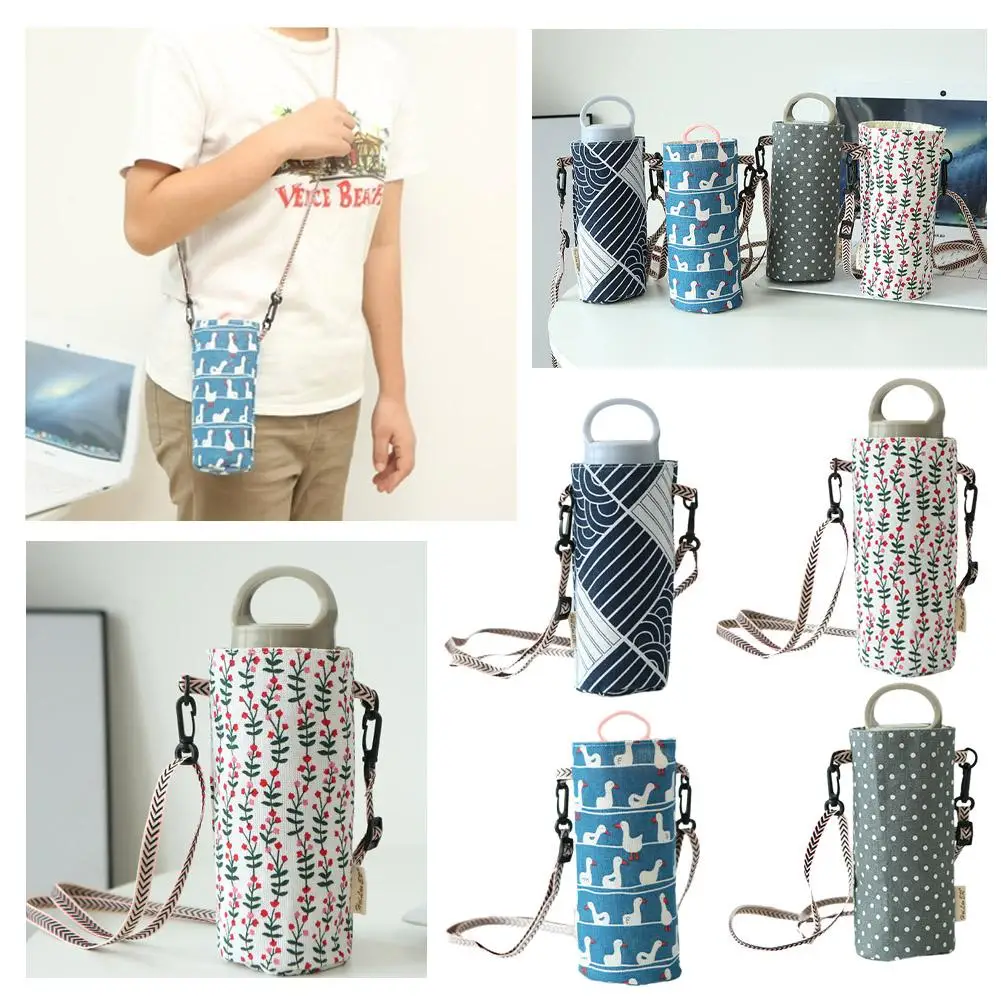 Water Bottle Storage Bag Canvas Portable Water Bottle Holder Cute Cup Cover With Strap Insulator Sleeve Bag For Kids Access C6l0