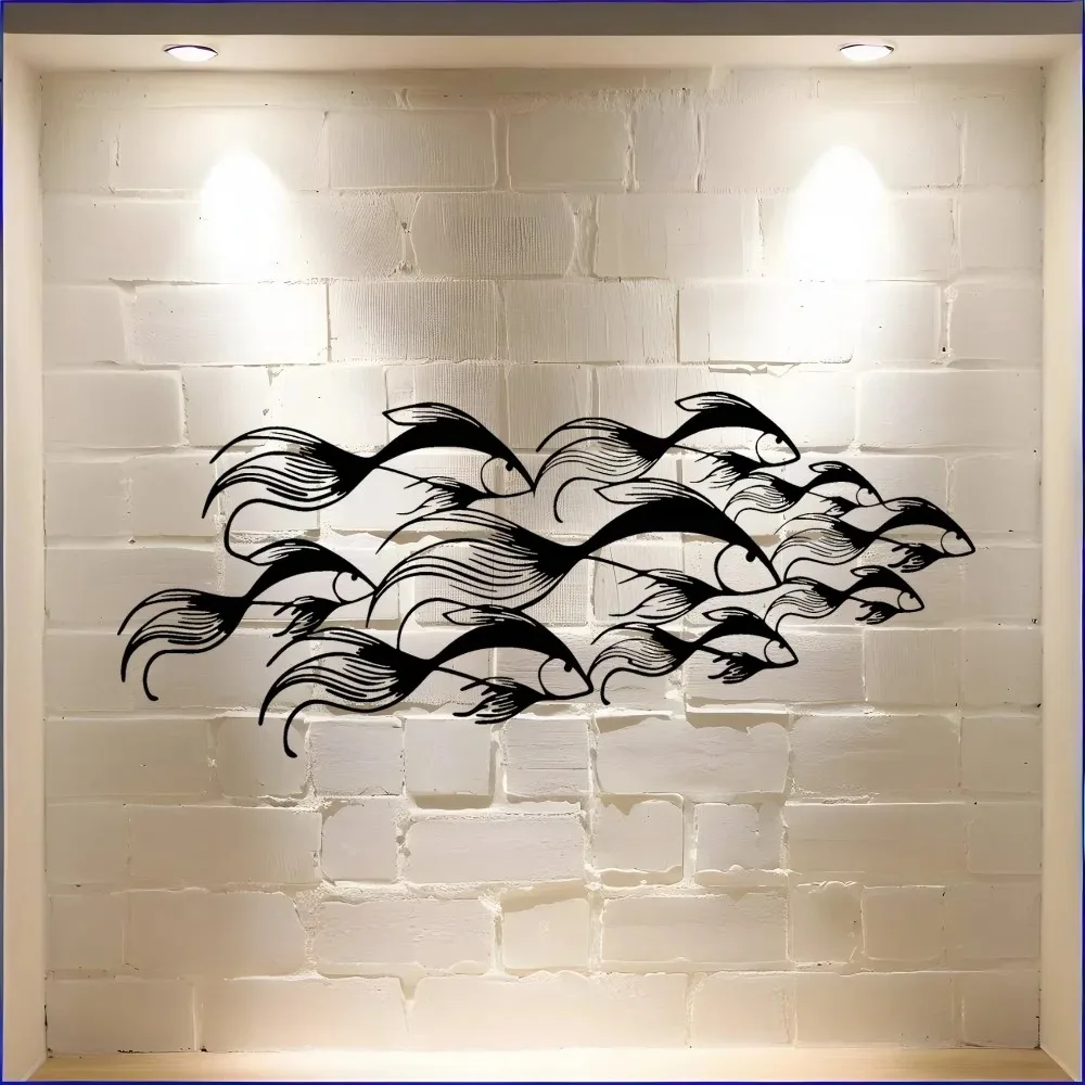 Heavy Duty Black Metal Wall Art Laser Cut Iron Panel Fish School Modern Ocean Decor
