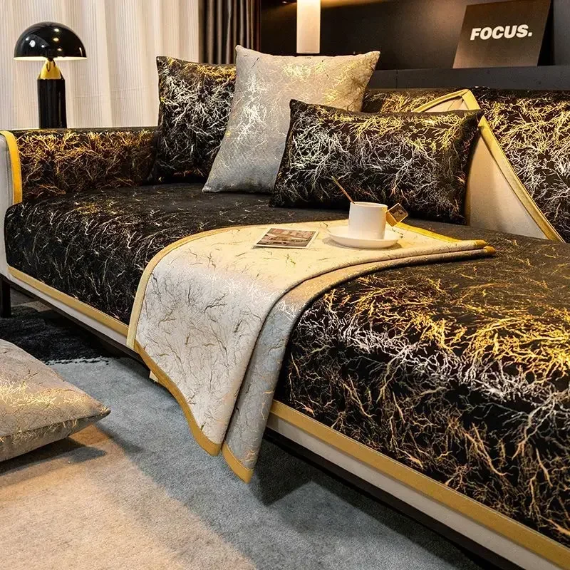 Anti-slip Couch Covers for Living Room, Luxury Towel, Gold Edge, Thicken Chenille Sofa Cover, Cloud Pattern, Fashion