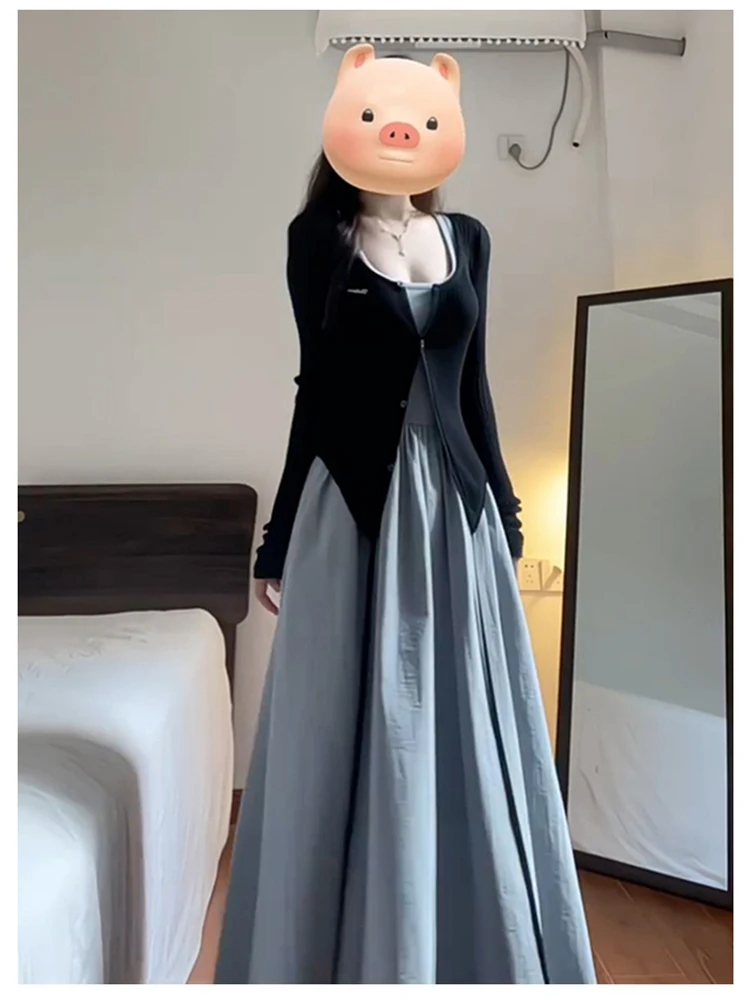 

Элегантный комплект из двух предметов: платье с поясом и кардиган, длинная юбка, рубашка с открытыми плечами, накидка, весенне-осенний модный женский наряд