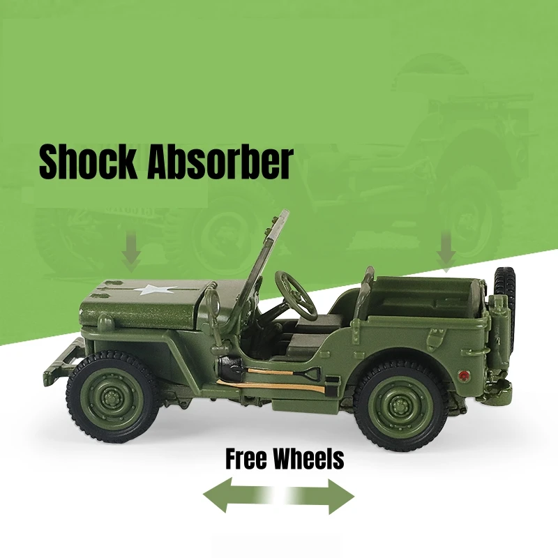 1/43 JEEP WILLYS Military Army Vehicle modello in miniatura in lega di zinco Toy Car Free Wheels Diecast Metal Collection Gift For Kids