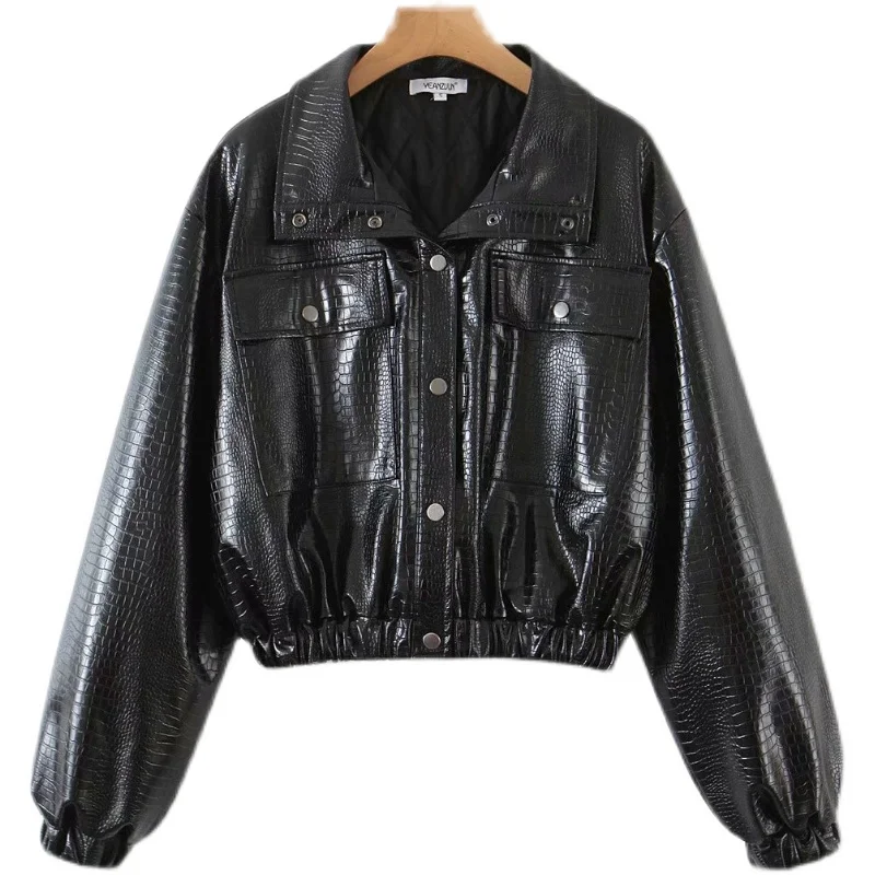 レトロ香港風スレコットン裏地付きレザージャケットルーズストリートウェアまたはブラワークウェアトップトレンディなスキン風PUコート