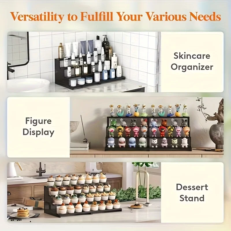 3-Tier Black Acrylic Display Stand - Lightweight Interlocking Organizer for Cosmetics, Figurines & Toys