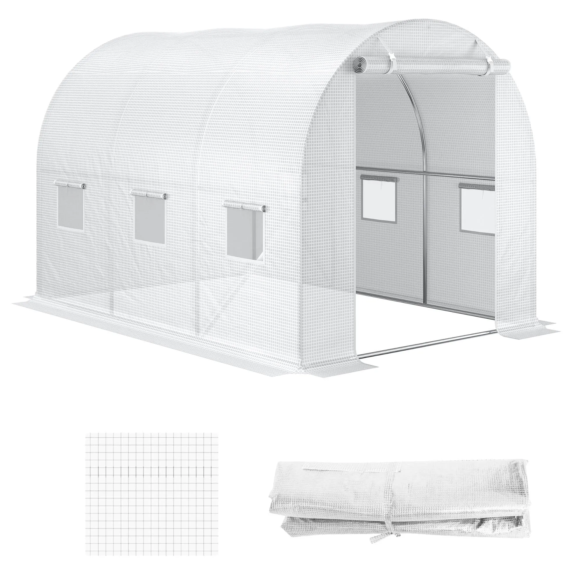 Bâche de Rechange Serre Tunnel 6 m², bâche PE Anti-UV imperméable 6 fenêtres + Porte Enroulable zippée Blanc