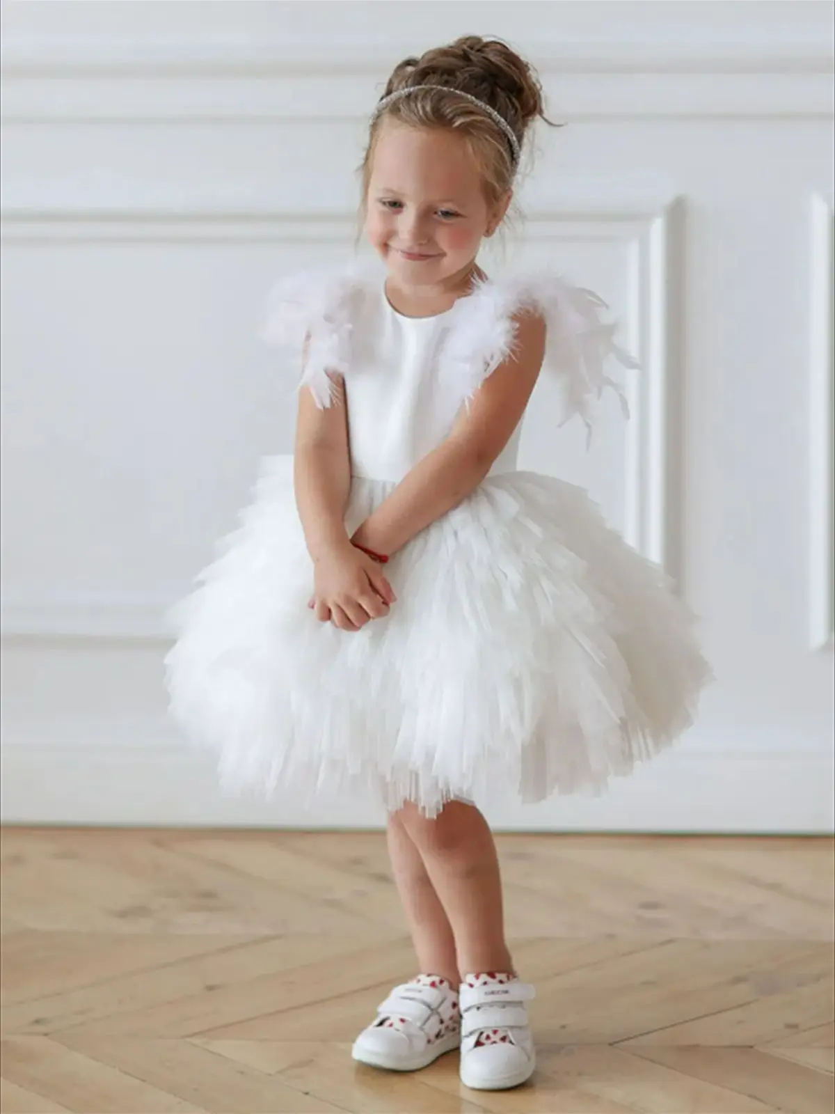 Lovely White Angel Short-sleeved Tulle Flower Girl Dress Princess Ball First Communion Dresses Kids Surprise Birthday Present