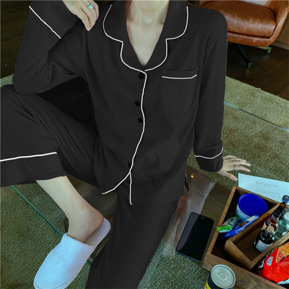 Women\'s Imitation Cotton Pyjamas Sleepwear Women Long Sleeve Trousers Homewear Solid White Pajama Bedroom Female Pyjamas