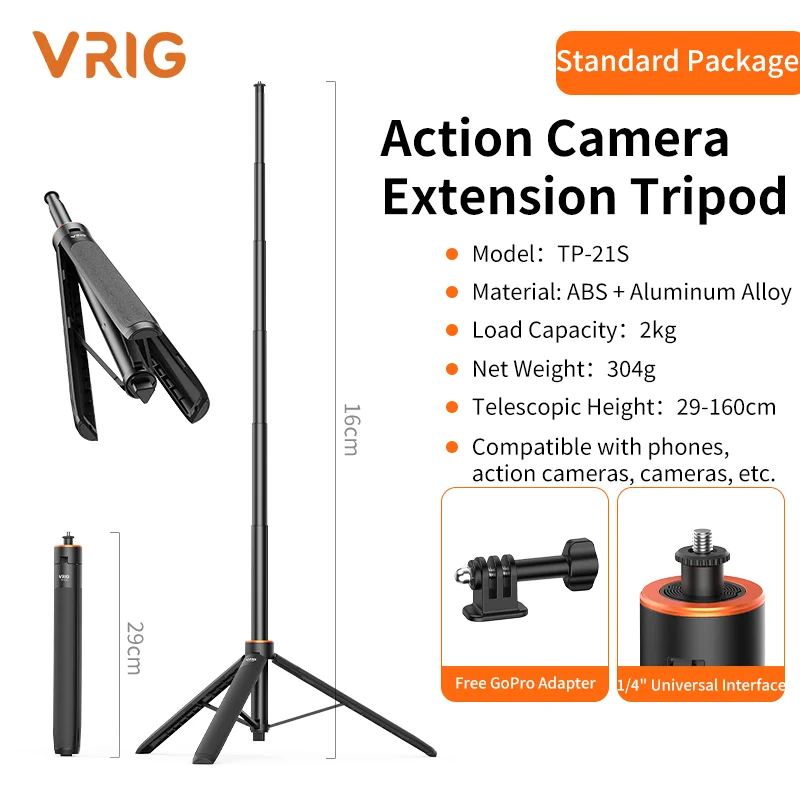 VRIG TP-21S Uitschuifbare Selfiestick met Statief 160cm Snelkoppeling Lichtgewicht voor Actiecamera Smartphone Vlogging