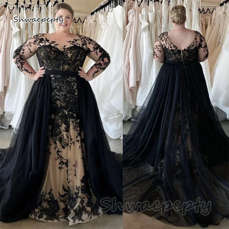 Vestido De Novia gótico negro, Apliques De encaje, mangas largas, Vestido De Novia De talla grande con espalda en V, tren desmontable, Vestido De Novia personalizado