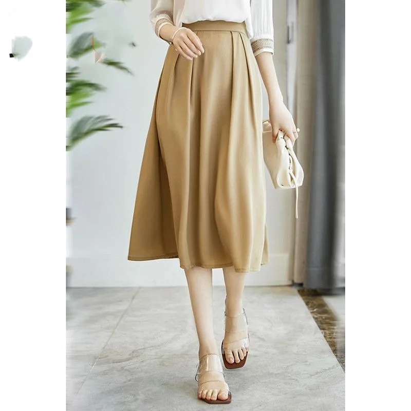 Simplicity Office Lady Summer Women\'s Solid Color Elastic Waist Pockets Pleated Fashion All-match High Waist Slim A-line Skirts