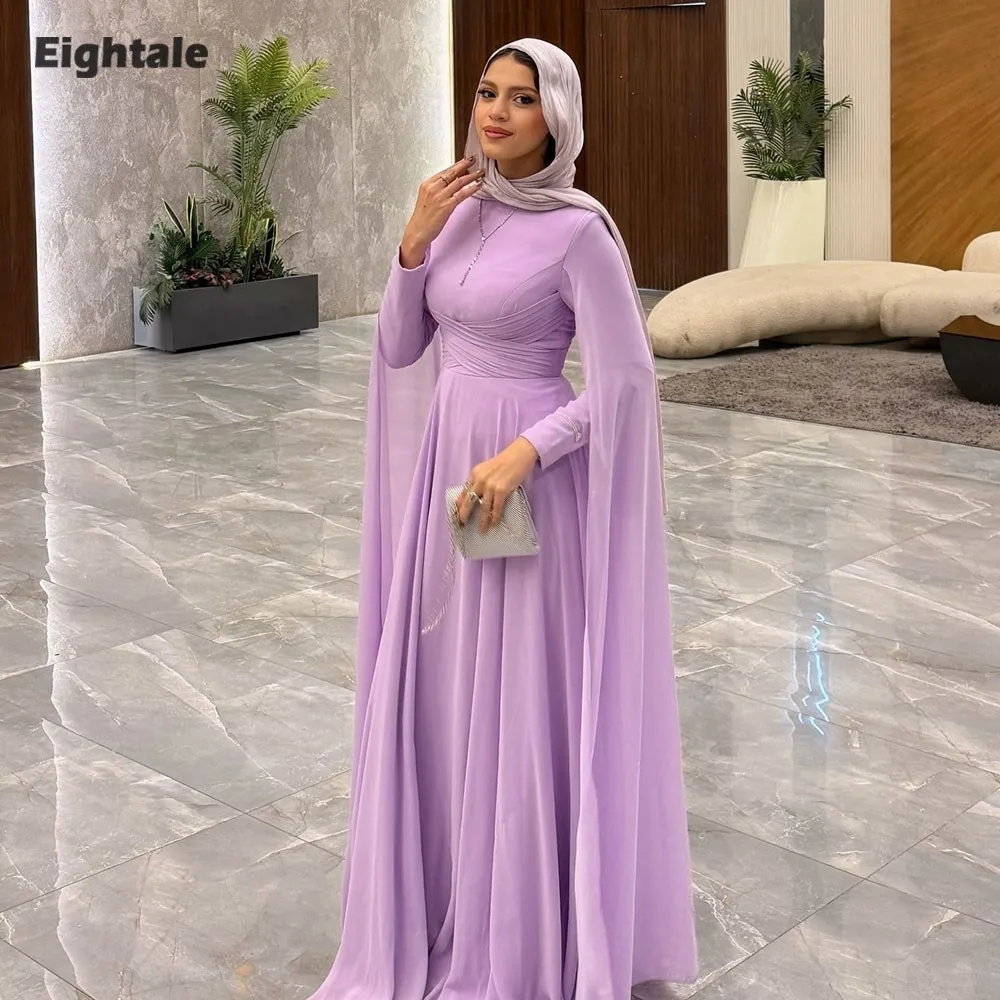 

Eightale Arabic Evening Dress O-Neck Long Sleeves A-Line Prom Gown Customized Floor Length Muslim A-Line Wedding Party Dress