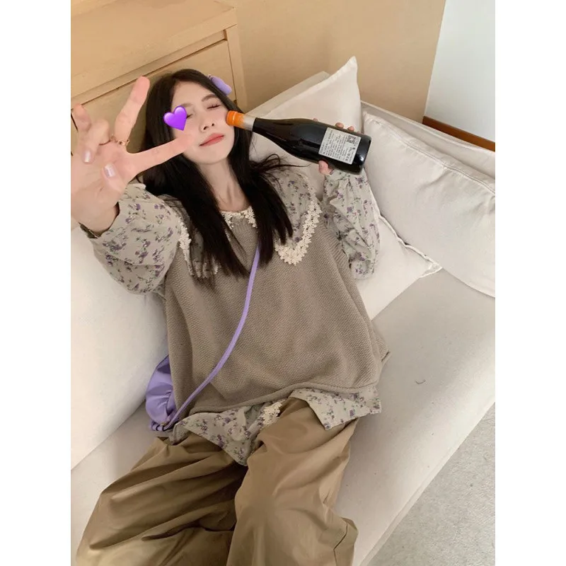 가을 새로운 한국어 패션 탑 여성의 달콤한 디자인 인형 칼라 꽃 셔츠 니트 조끼 두 조각 세트 여성 의류