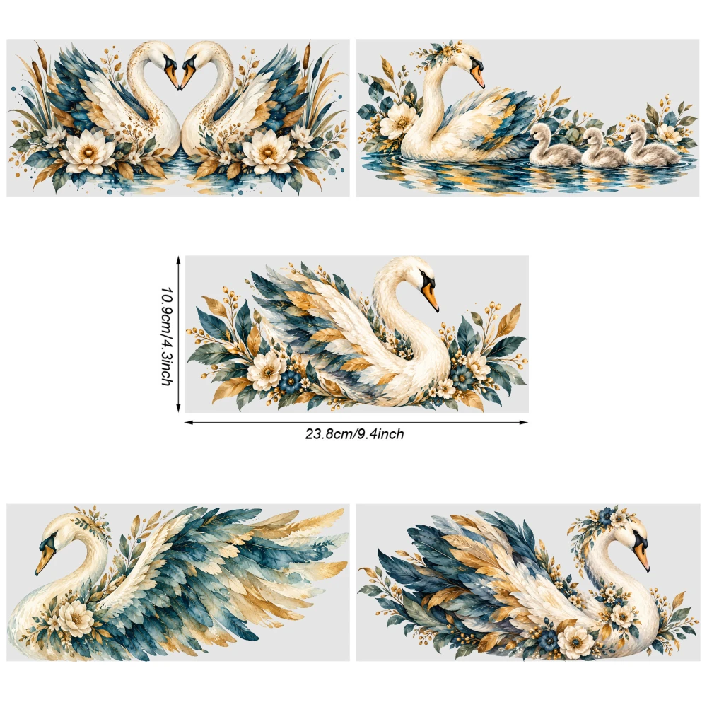 5 Sheets Swan Floral Art UV DTF Stickers DIY Water Bottle Glass Waterproof Rub on Transfers Plastic Self-Adhesive Labels