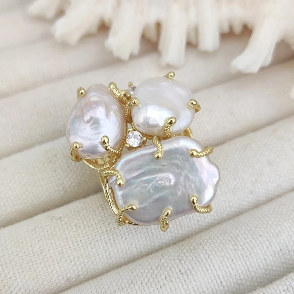 تصميم فاخر غير منتظم لؤلؤة عملة خاتم حفلة موسيقية للنساء قابل للتعديل بيان مطلية بالذهب خواتم إصبع معدنية كبيرة مجوهرات الحفلات #5