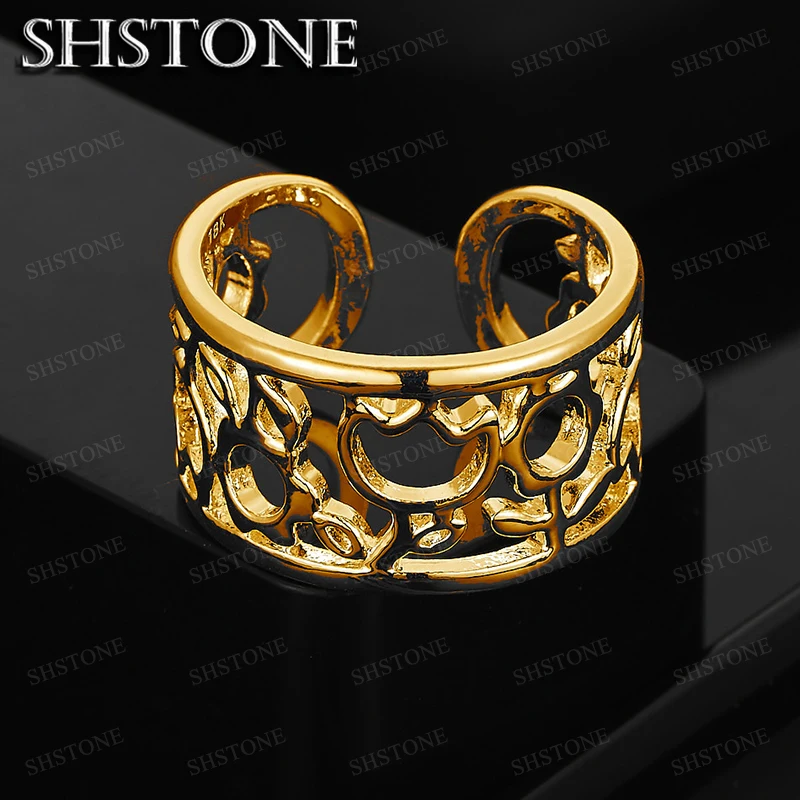 18K Gold Geometric Hollow Pattern Wide Ring For Women rings Fashion Party Birthday Christmas Wedding Jewelry