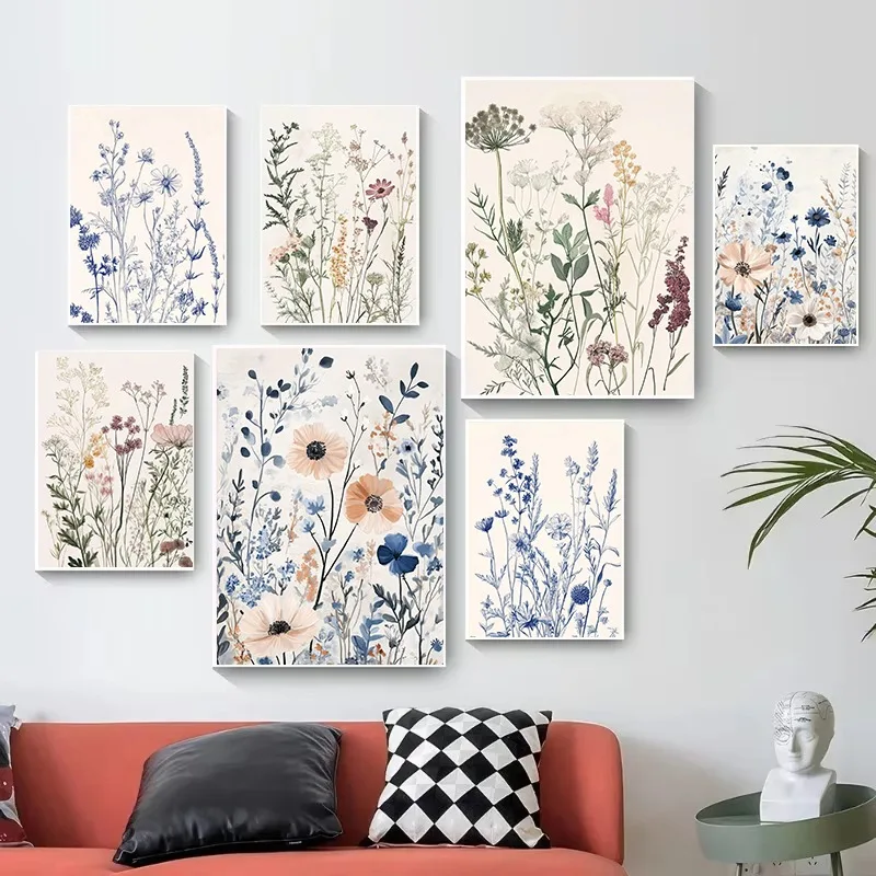 Modern Blue Blush Wildflower Wall Art Set Soft Pinks Vintage Floral Print for Nursery Kids Room Calming Neutral Botanical Decor