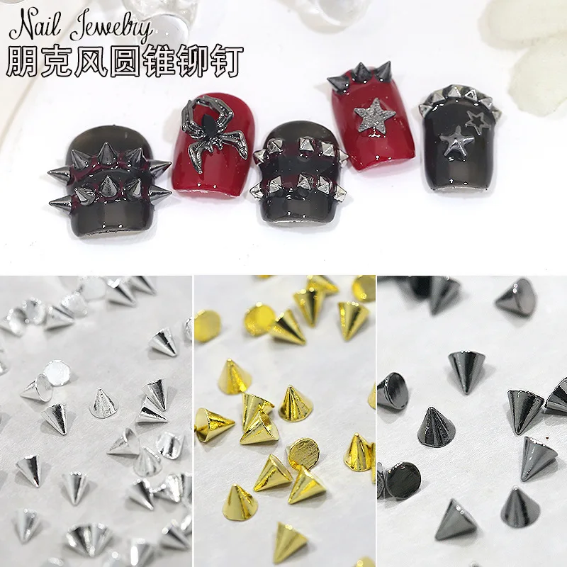 100PCS Punk Mini Pointed Conus Black Gold Silver Alloy Cone Nail Art Rhinestones Decorations Manicure Sharp Rivets Ornament