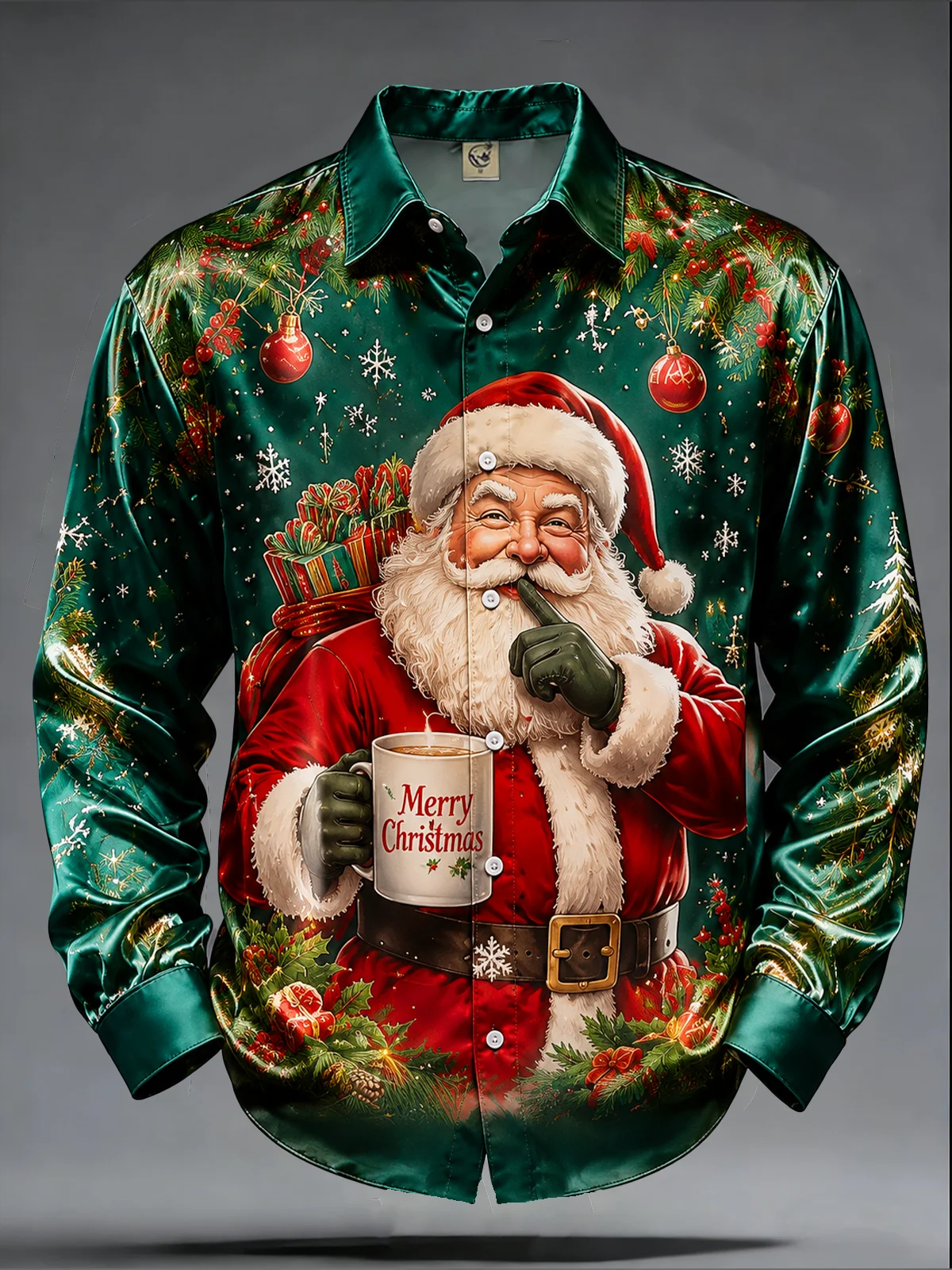 Men Satin 3D Print Long Sleeve Shirt Santa Claus Xmas Gift Coffee Pattern Lapel Casual Shirt