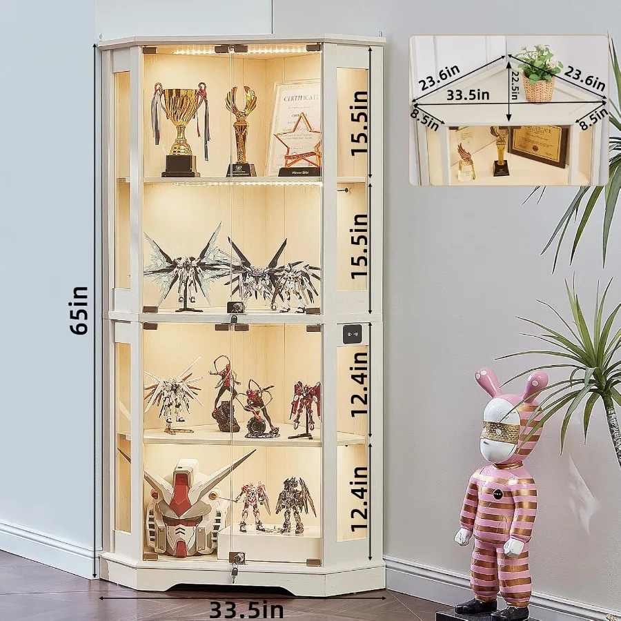 Farmhouse Corner Display Cabinet with Lock for living room, solid wood, white, adjustable shelves and secure locking mechanism