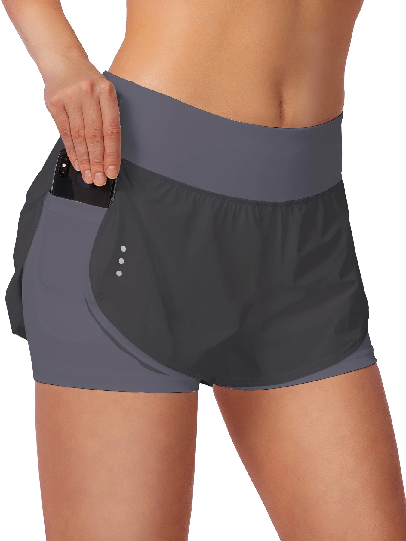 2-in-1-Laufshorts für Damen, Shorts aus Spandex mit hoher Taille, geeignet für Fitnessstudio, Yoga und Sport, mit Reißverschlusstaschen. – Detail 10