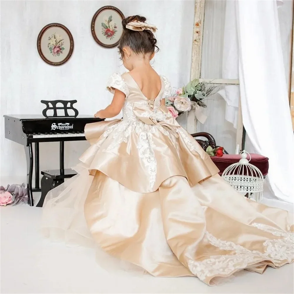 

Платье с цветочным узором для девочек, атласное платье цвета шампанского с короткими рукавами и бантом, тюлевое атласное платье с V-образным вырезом на спине и бантом для первого причастия, дня рождения