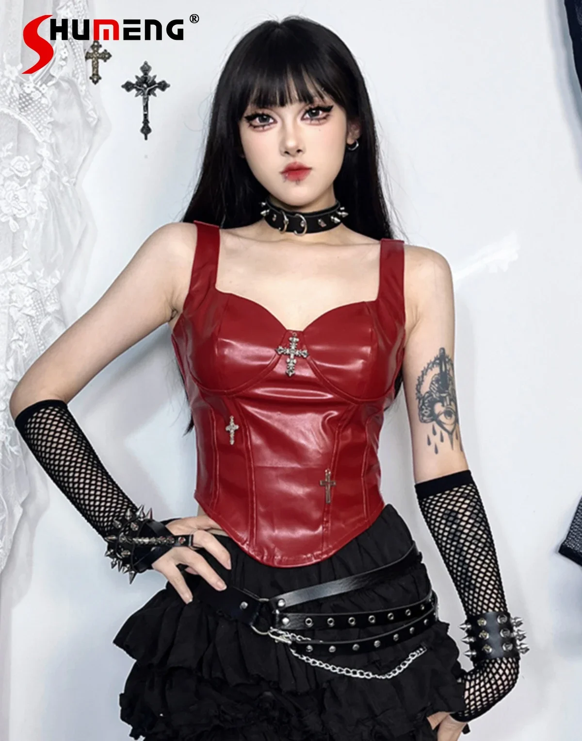 

Spice Girl Goth Streetwear Fashion Metal Cross Y2k PU Leather Red Camis Female Harajuku Slim-Fit Elegant Punk Tank Top Women