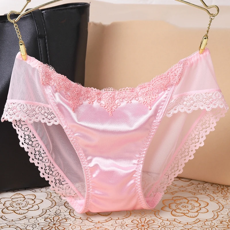 New Satin Silk Panties Women Low Waist Seamless Lace Briefs Underwear Sexy Solid Color Comfortable Intimates Underpants Lingerie