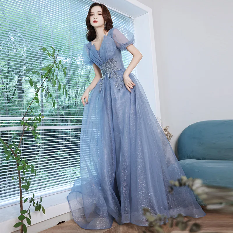 

Blue Evening Dress Women's New Temperament Comfort French Long Style Annual Meeting Host Dress Christmas Party Evening Dresses