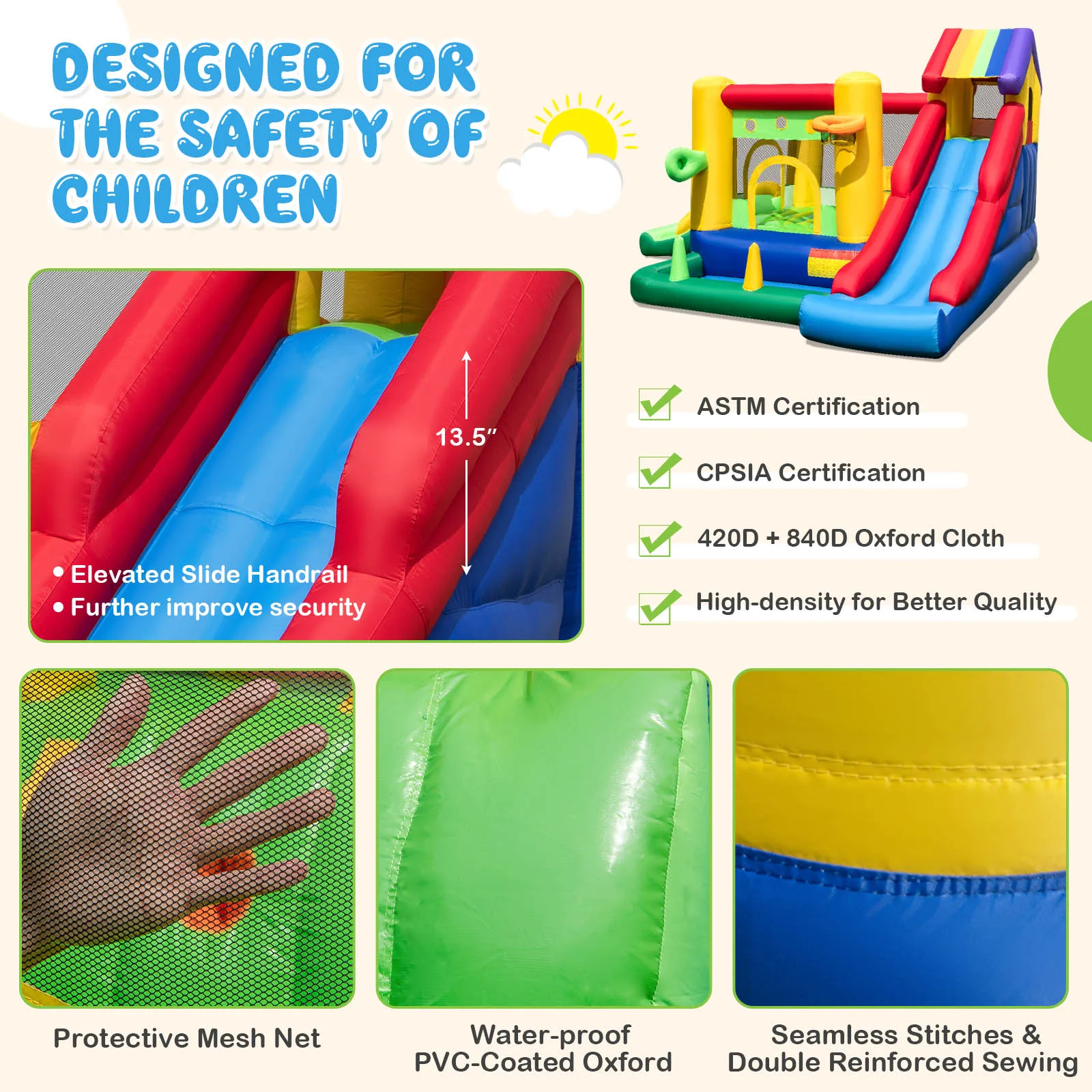 Castillo de rebote inflable para niños, arcoíris colorido con 50 bolas oceánicas y soplador de 735w