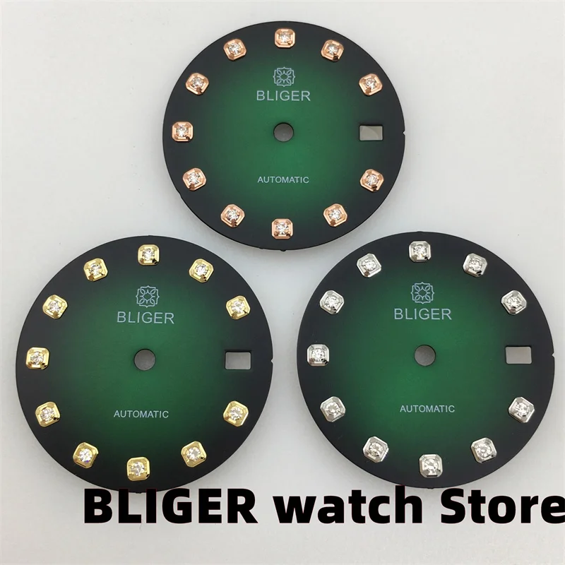 BLIGER Części do zegarków Zegarek 29 mm Diamentowa tarcza indeksująca Czarna, biała, niebiesko-zielona tarcza pasuje do mechanizmu automatycznego NH35A NH36A