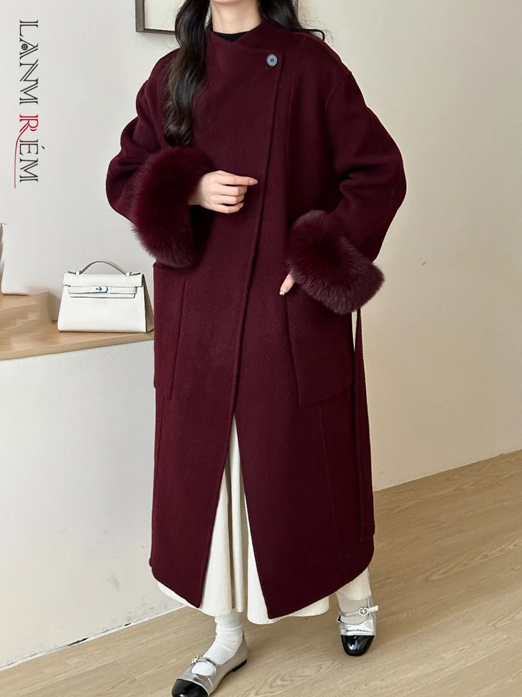 

[LANMREM] Luxury Faux Fur Sleeve 100% Wool Coats Women's Irregular Button Office Lady Thick Warm Outwear 2024 Winter New 26C1374