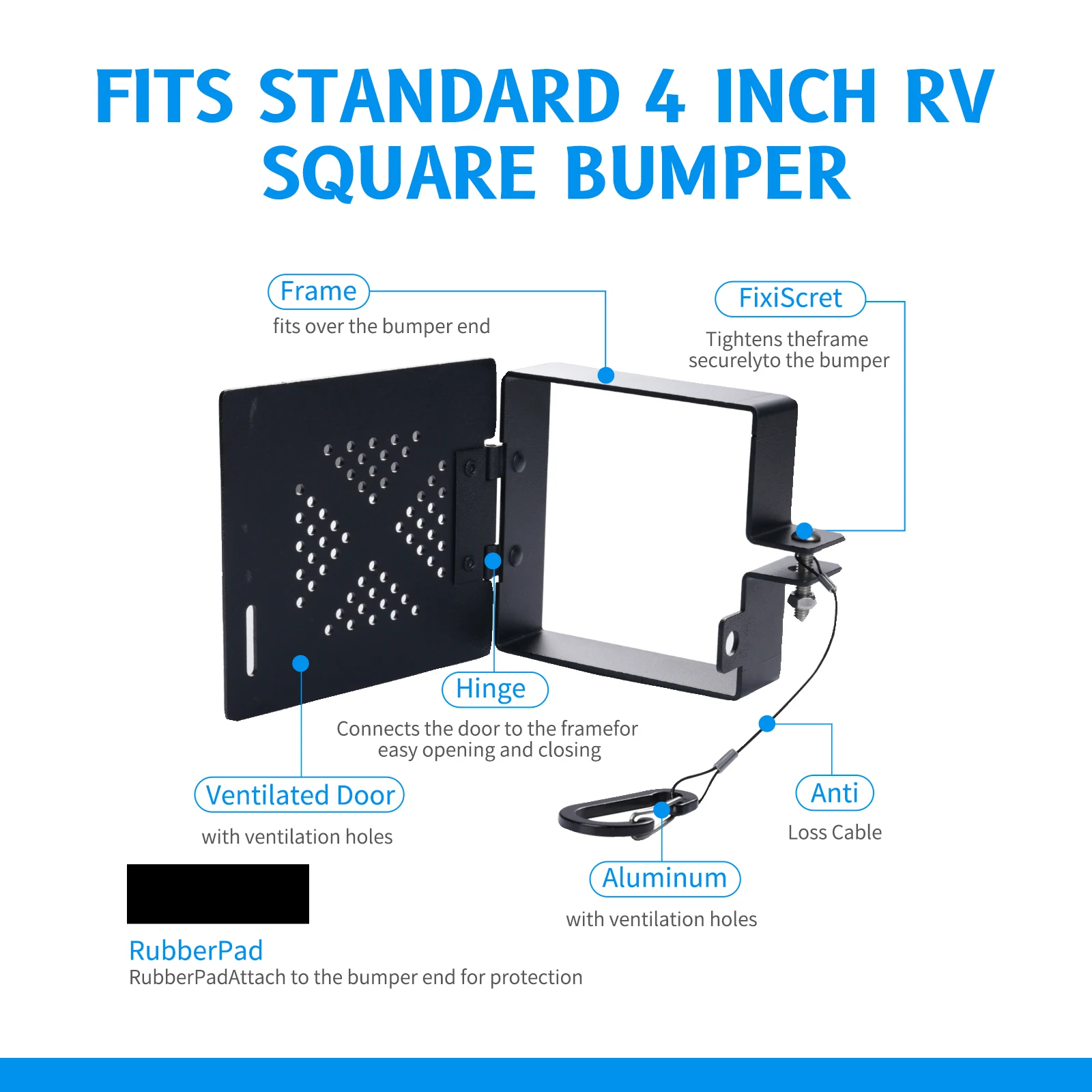 أغطية نهاية ممتص الصدمات RV من الألومنيوم، مجموعة مكونة من قطعتين تناسب المصد المربع مقاس 4 بوصات مع فتحات تهوية مضادة للانسداد وملحقات تخزين متينة RV