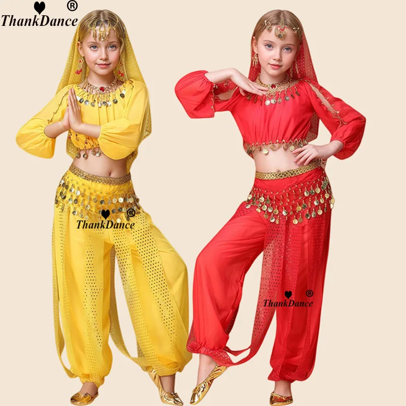 

Детские костюмы для восточных танцев, комплект танцевальной одежды для танца живота индийского жасмина для девочек, детский праздничный наряд для выступлений