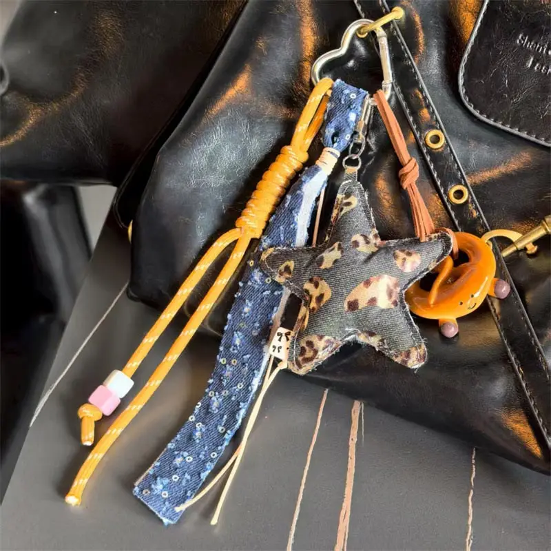 Fashion Leopard Starfish Keychain Cute Balloon Dog Leather Charm Women Maximalist Bag Ornaments Accessories Braided Rope Keyring