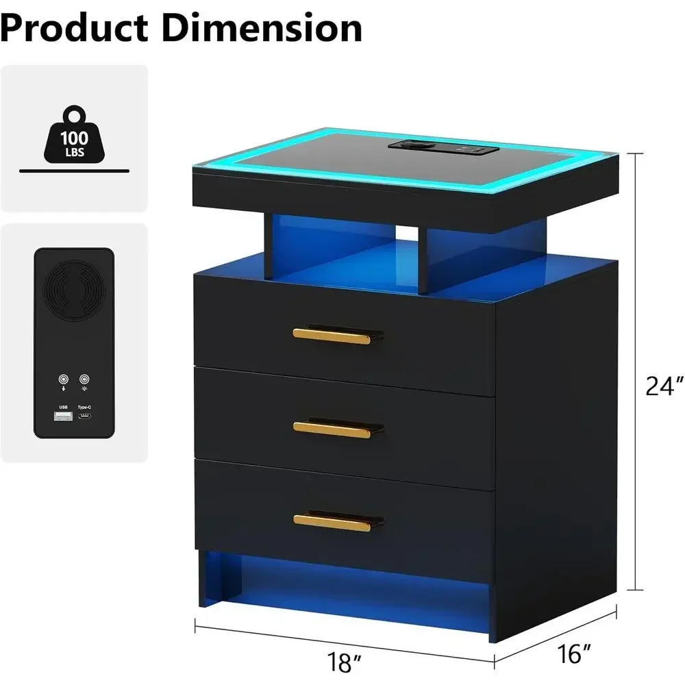 Wireless Charging LED Nightstand with Glass Top, 3 Drawers, 3-Color Dimmable Light, USB-C Port, Black Bedroom Side Table
