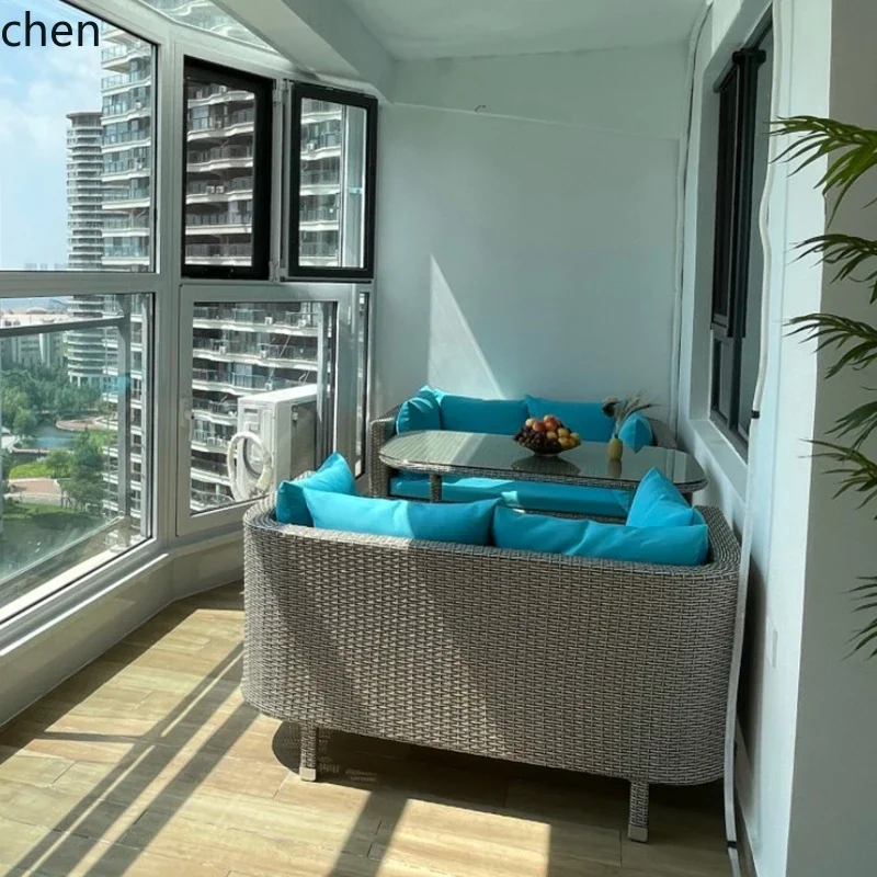 TQH-c13  Outdoor Sofa Courtyard Terrace Waterproof Sunscreen double Sofa Balcony Open-air Rattan Table and Chair Three-piece Set
