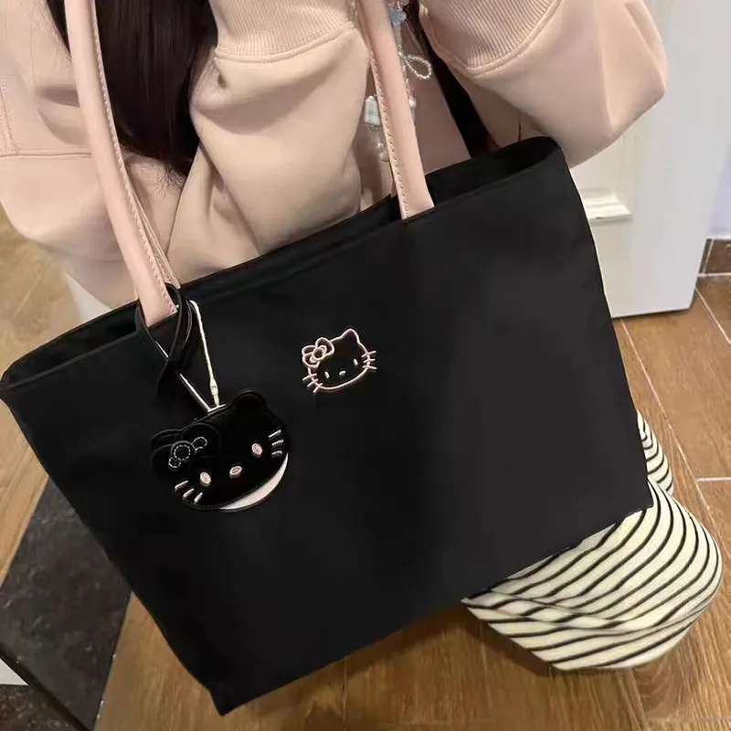 

Black Tote Bag Fashion Casual Nylon Large Capacity Shoulder Bag Commuting Women'S Handbag Embroidered Cartoon Big Bag