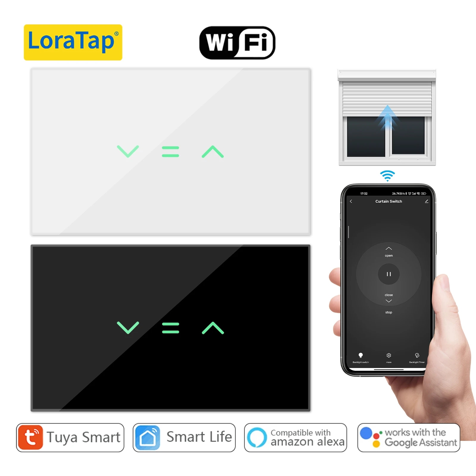 LoraTap-persiana enrollable con Control remoto por voz, interruptor de retroiluminación para persianas, Tuya Smart Life, Tuya, Alexa y Google Home