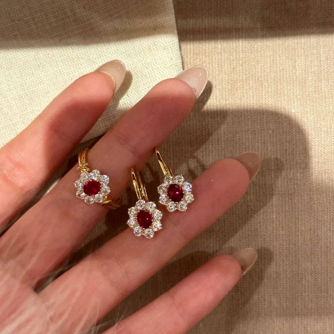 Luxury Gold Plated Ruby Jewelry Set for Women Vintage Halo Red Cubic Zirconia Ring Earrings Set Wedding Jewelry Gift