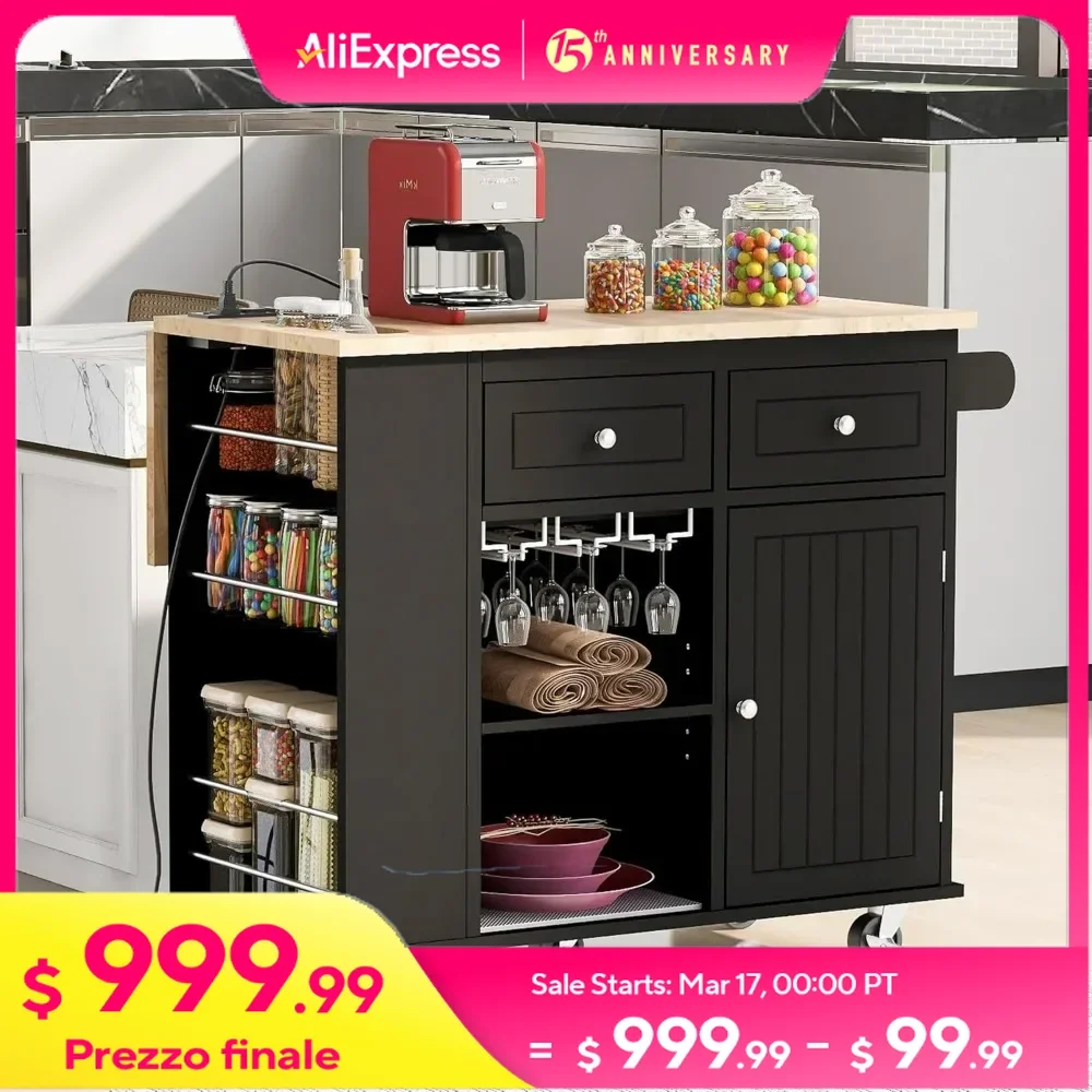 Kitchen Island, Kitchen Carts on Wheels with Storage Drop Leaf Power Outlet Drawer Cabinet Counter Rubberwood Top