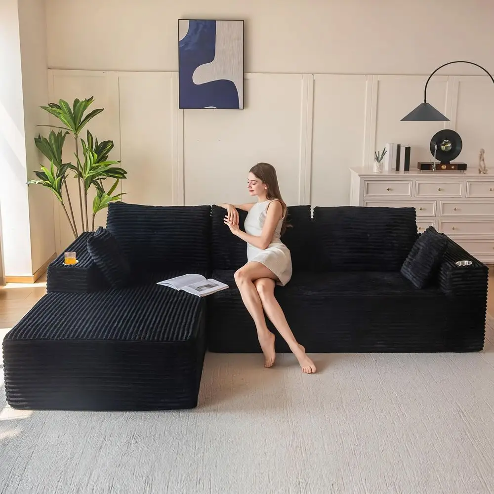 

Угловой диван-трансформер с шезлонгом, функцией сна, глубоким сиденьем, без сборки, черный